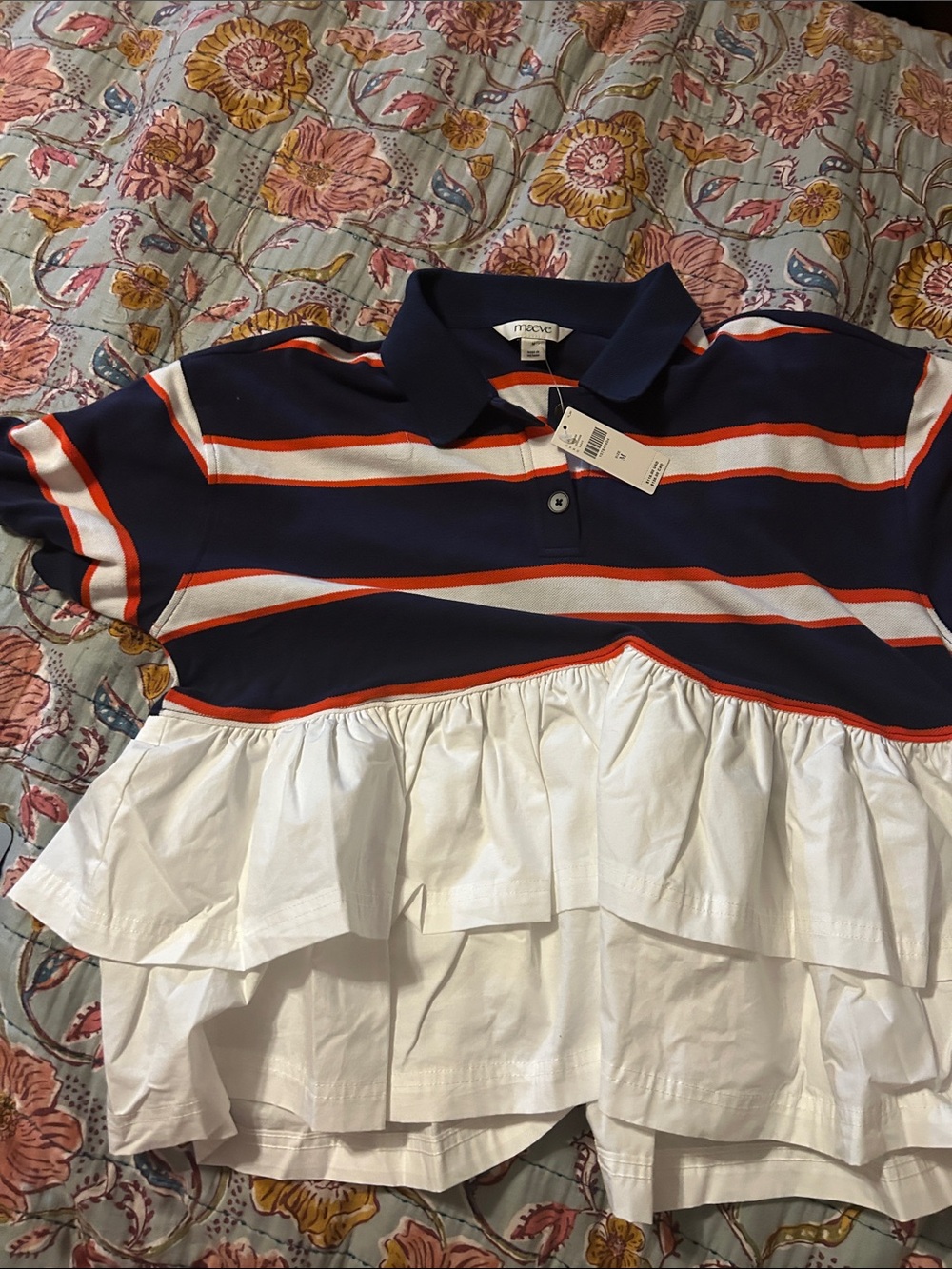 Anthropologie Navy Stripe Polo with White Ruffle Hem